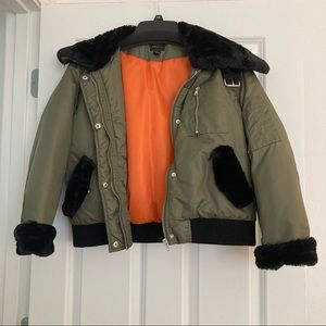 F21 Olive Green Bomber Jacket w/Faux Fur Trim